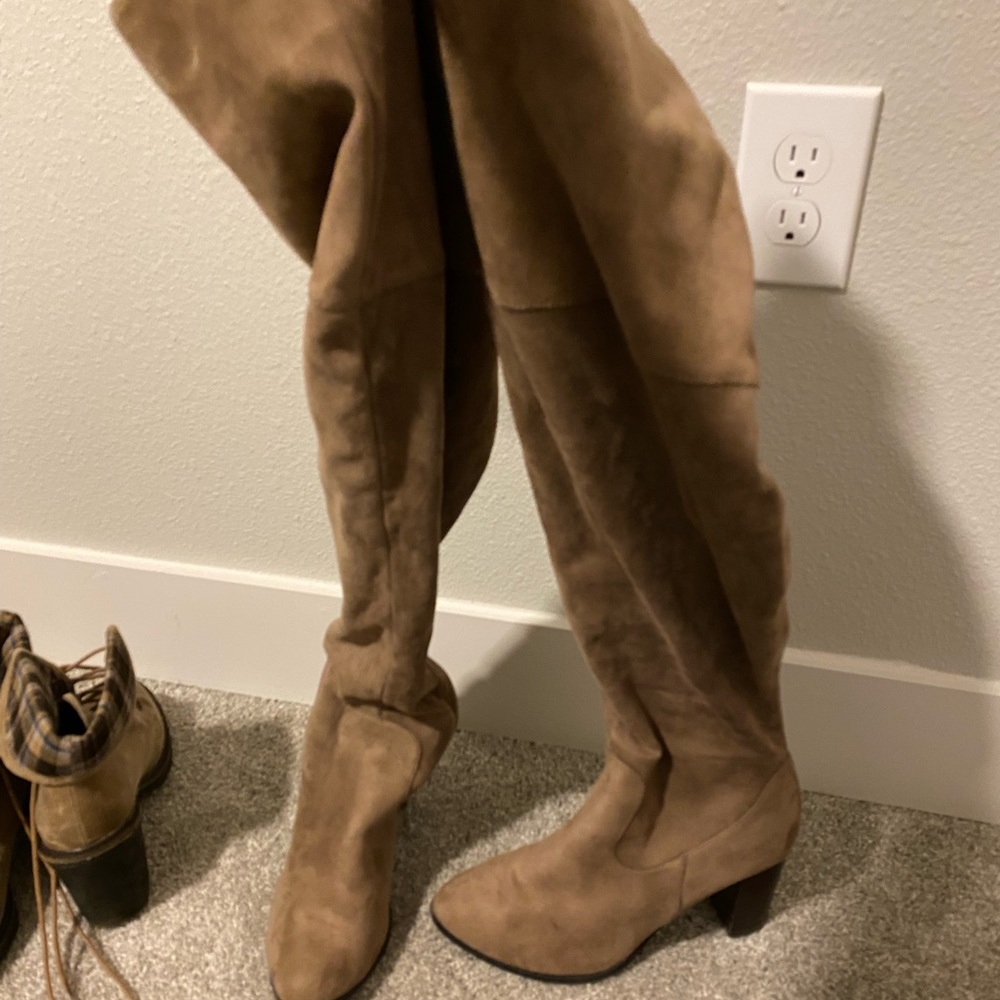 Tan suede over the knee boots. Great for wide calves/thighs.